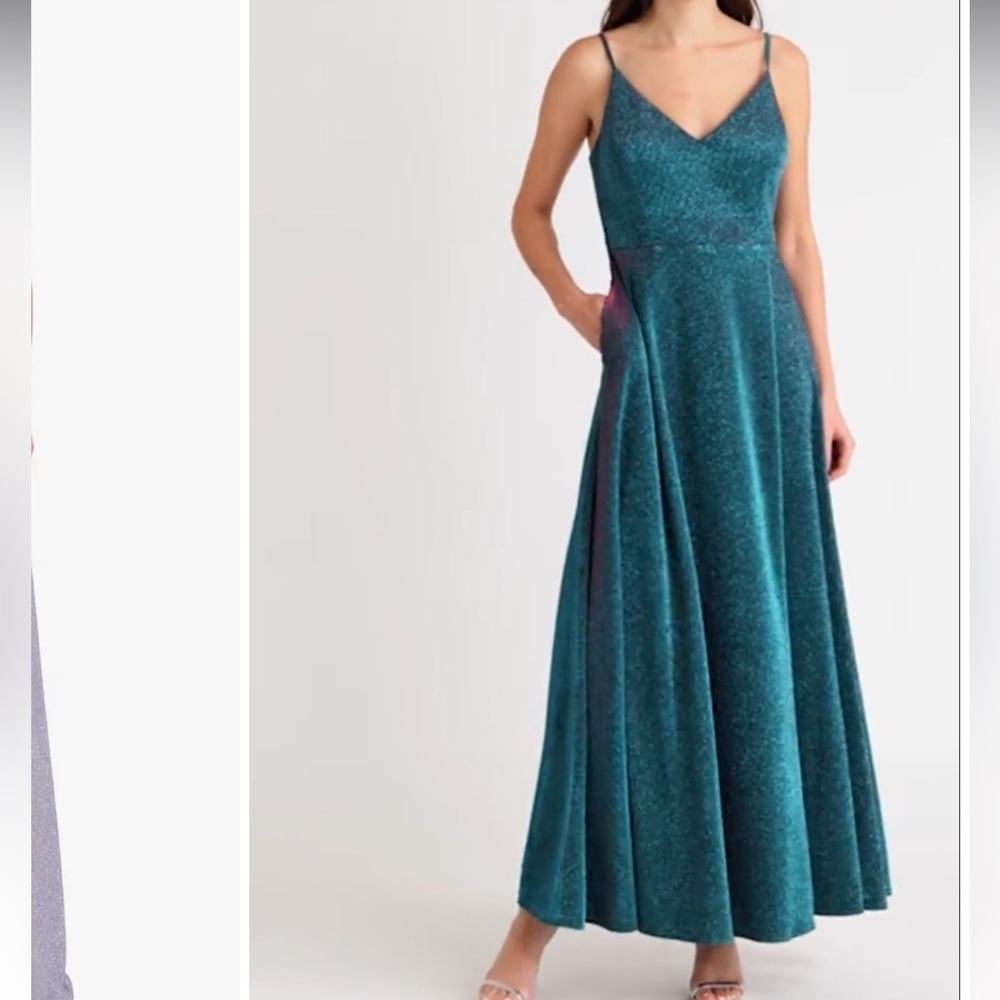 Morgan and‎ Co Teal and Pink Evening Gown Cage Back Shimmer Maxi Dress SZ XS